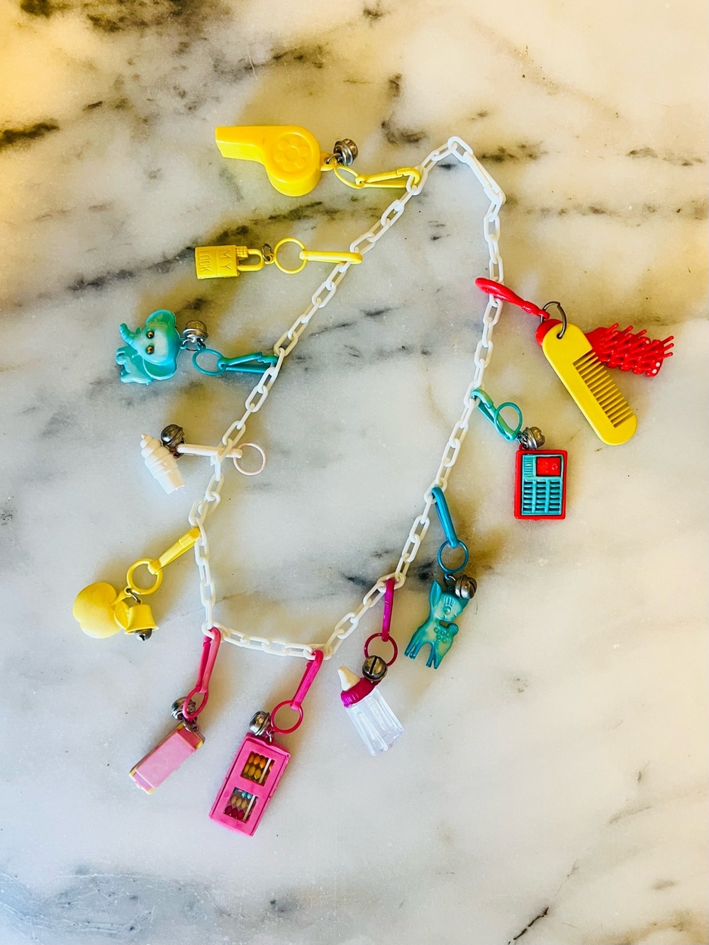 Vintage 1980’s Kids Multicolor Charm Necklace with Playful Tool & Animal Charms